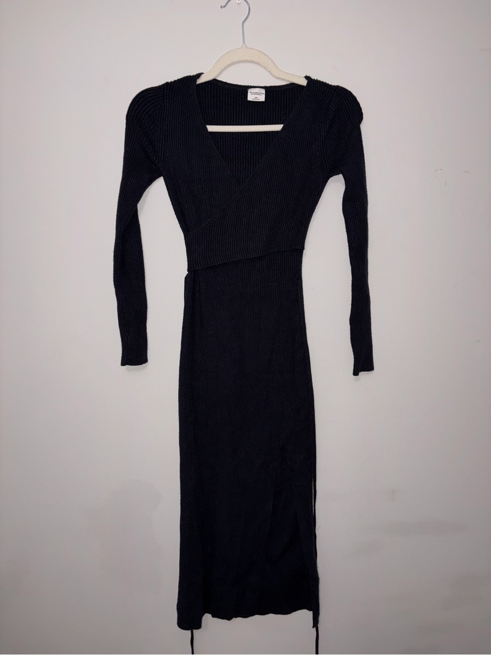 Abercrombie & Fitch Black Ribbed Long Sleeve Wrap Midi Dress